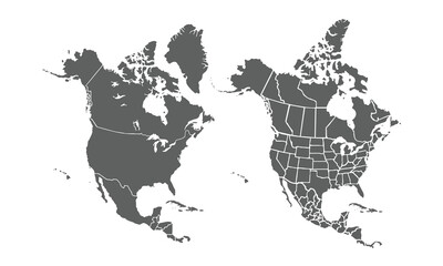 Detailed Map of North America with isolated countries.United States, Canada ,Mexico. New York City, Los Angeles, Chicago, Toronto, Mexico City, Washington D.C., Miami, San Francisco, Houston.