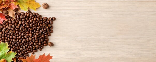 Coffee beans arranged in the shape of a turkey on a wooden table, surrounded by fall leaves and acorns, Thanksgiving coffee lovers, coffee bean turkey