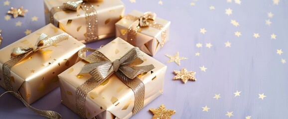 Chic gifts wrapped in gold on a purple background, with stars adding a touch of elegance to the Christmas scene.
