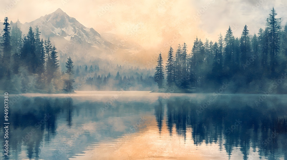 Wall mural Dawn mist over serene mountain lake pine trees soft watercolor hues