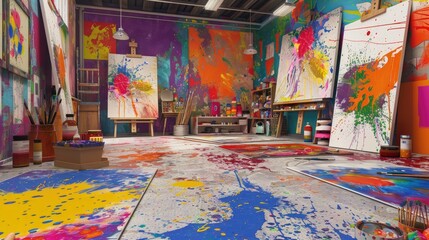 Fototapeta premium A vibrant art studio with colorful paint splatters on the floor, canvases in various stages of completion, and an array of art supplies.