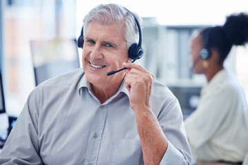 Call center, mature man and portrait with headset for customer service, technical support and...