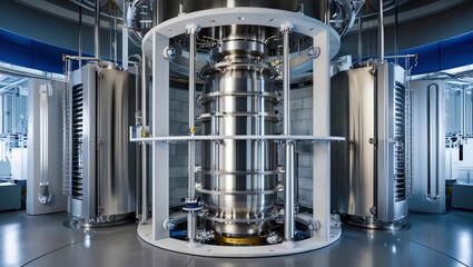 Photograph of nuclear safety mechanisms in action during atomic fission, Industrial factory with pipes, valves, and machinery.