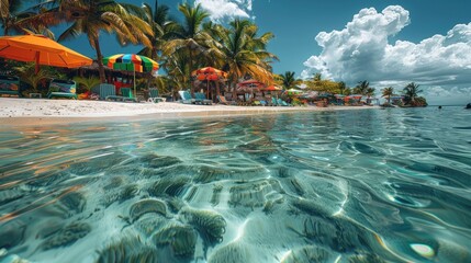 Obraz premium A vibrant tropical beach scene with crystal clear water, white sand, palm trees, and colorful beach umbrellas.