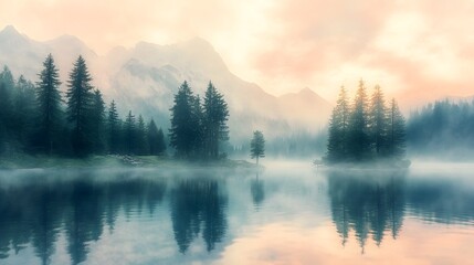 Fototapeta premium Peaceful dawn mist over mountain lake pine trees and soft pastel landscape
