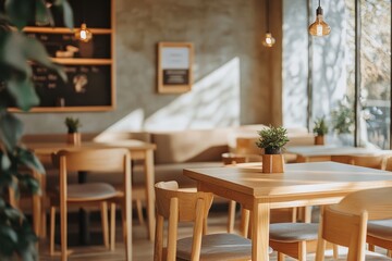 Fototapeta premium A cozy cafe interior with wooden furniture and plants, creating a warm atmosphere.