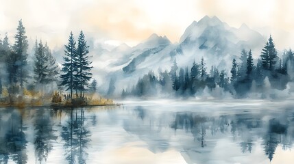 Watercolor misty dawn at mountain lake pine trees surrounding