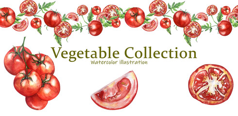 Watercolor Illustration. Juicy Bright Tomatoes. Seamless Banner. White Background. Series Vegetables. For Packaging Juices, Ketchup, Home Kitchen Textiles, Menus, Cookbooks, Recipes, Blogs, Websites