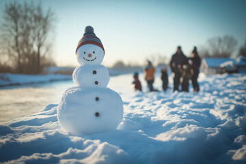 Family Making Snowman At Sunny Morning