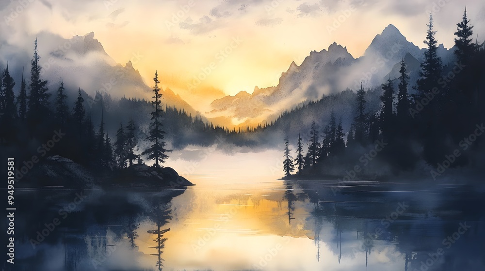 Sticker Mountain lake at sunrise with mist rising and pine trees soft watercolor