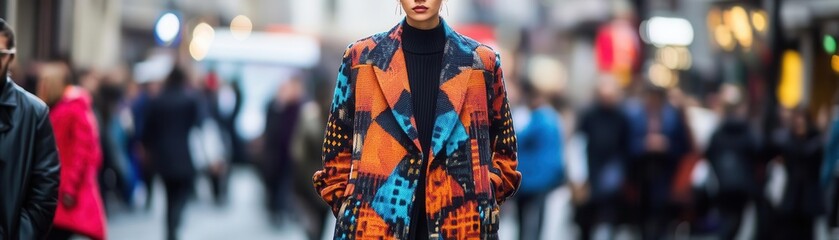 A fashionable person wearing a statement coat on a busy street, front view, showcasing outerwear trends, cybernetic tone, Triadic Color Scheme