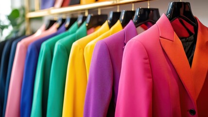 A rack of colorful blazers in a boutique, front view, capturing the trend of bold colors in fashion, advanced tone, Triadic Color Scheme