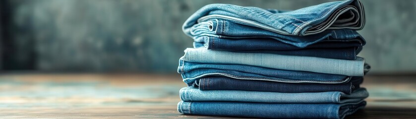 A stack of denim jeans in various washes, top view, showcasing casual fashion trends, futuristic tone, Triadic Color Scheme