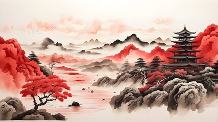 Chinese ink painting of a red landscape in tradition. painting on textured paper with hills and trees. Japanese, old Asian design. 4K illustration. Gorgeous.