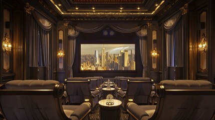 Fototapeta premium An elegant home theater with plush seating, a large screen, surround sound, and dimmable lights for the perfect movie experience.