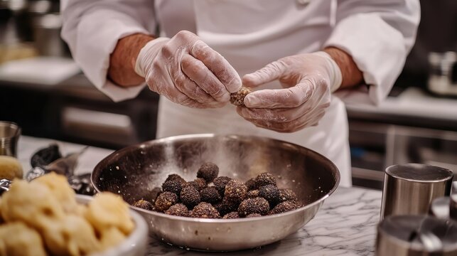 Exquisite Gourmet Preparation of Truffles and Caviar on Marble Countertop in Luxurious Kitchen