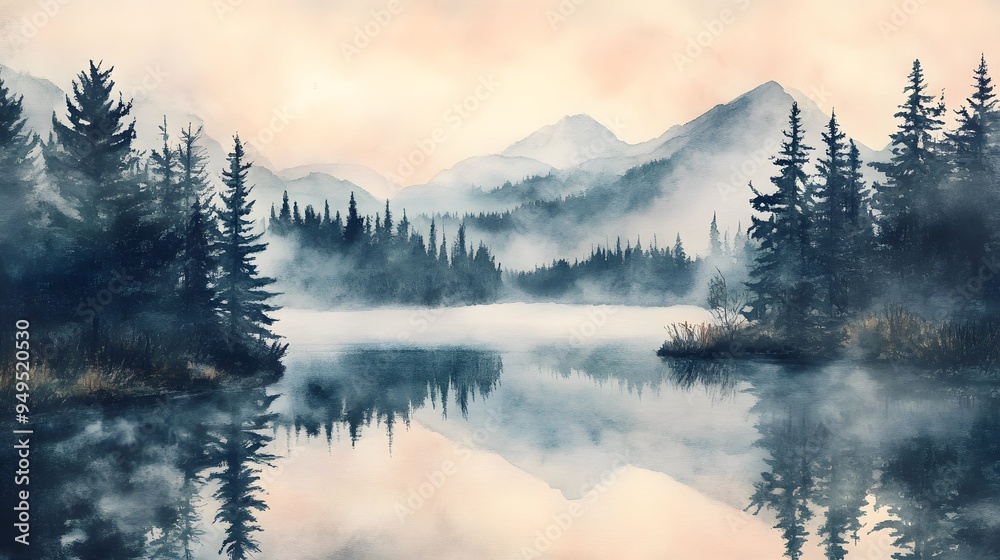 Canvas Prints Early morning mist at mountain lake with pine trees surrounding soft watercolor