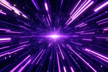 Obraz premium Purple neon light streaks radiating from the center on a dark background, evoking themes of technology, big data, and bots , ai