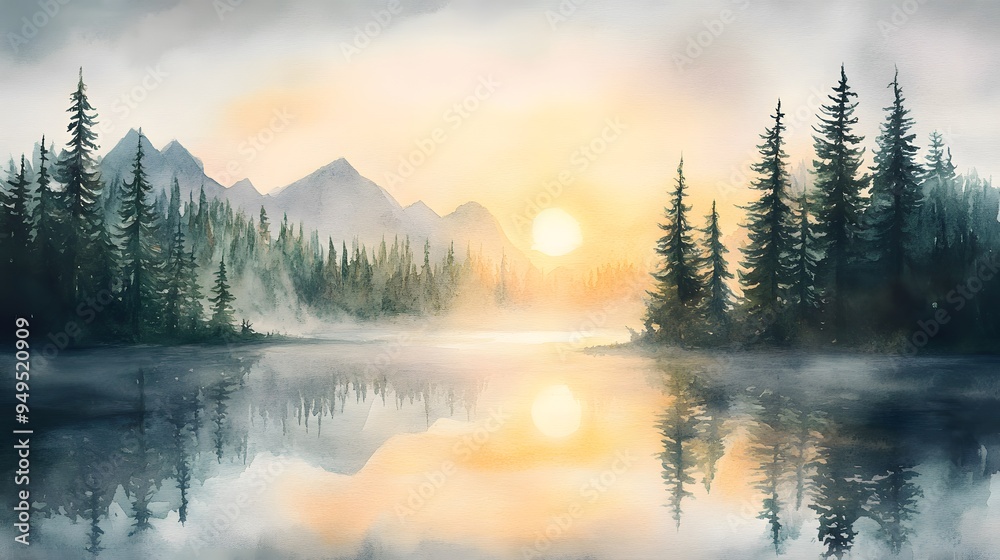 Canvas Prints Serene lake at sunrise with mist rising and pine trees watercolor pastel tones