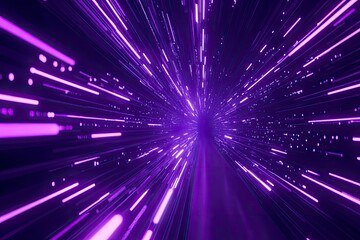 Naklejka premium Purple neon light streaks radiating from the center on a dark background, evoking themes of technology, big data, and bots , ai