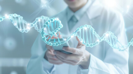 A person holding a cell phone with a blue DNA strand in the background