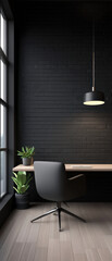 A black room with a desk and chair