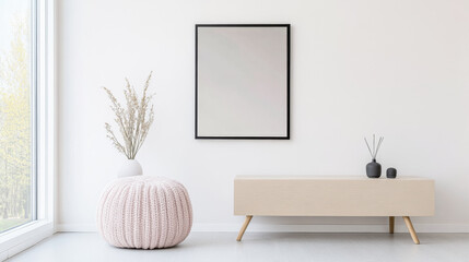 Minimalist interior design composition in neutral colors with a mirror next to a large window, a rug and a sofa.