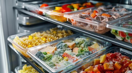A refrigerator shelf filled with neatly arranged meal prep containers containing colorful and nutritious foods.