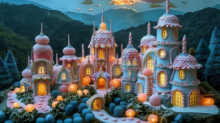 Obraz premium A sweet papercraft castle with candy cane pillars and pastel-colored candy decorations, surrounded by a sugar-coated landscape, featuring gumdrop pathways and lollipop trees, all bathed in soft,