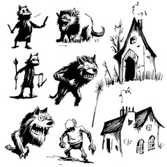 Drawings of creatures like werewolves, goblins, and zombies