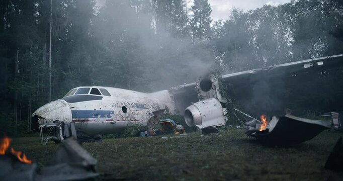 Remote Forest Airplane Crash. Crashed Airliner Lies in Ruins. Aircraft is Shattered with Pieces Scattered Across the Ground and Smoke Billowing From the Wreckage
