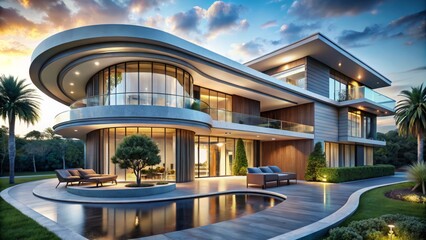 "Celebrate avant-garde fusion of modern architecture, sleek curves, and futuristic nuances, juxtaposed with opulent interior accents, luxurious textures, and rich