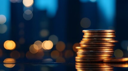 Stack of copper coins against a blurred city night background symbolizing finance, investment, savings, and economic growth.