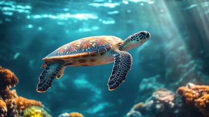 Fototapeta premium Sea Turtle Swimming Through Sunlight