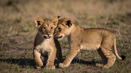 Fototapeta premium Lion cubs frolicking in savannah