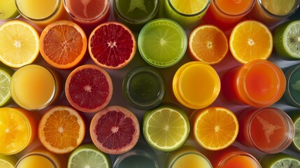 Colorful citrus fruits and juices in glass containers, arranged in a pattern.