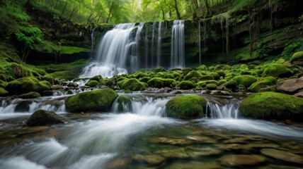 Lush green waterfalls cascading