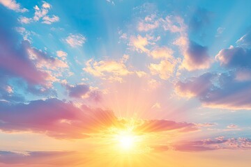 Beautiful sky background - Sunset Sunrise sky with light clouds and real sun , ai