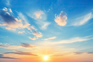 Obraz premium Beautiful sky background - Sunset Sunrise sky with light clouds and real sun , ai
