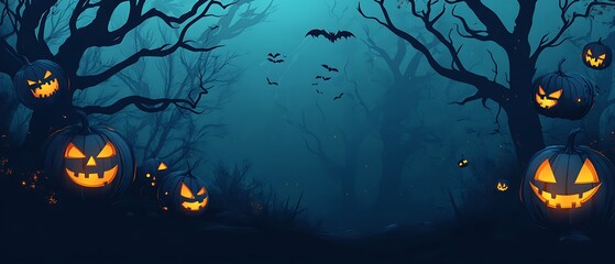 Eerie Halloween Banner with Dark Trees and Glowing Pumpkins, Minimalist Background for Holiday Events,