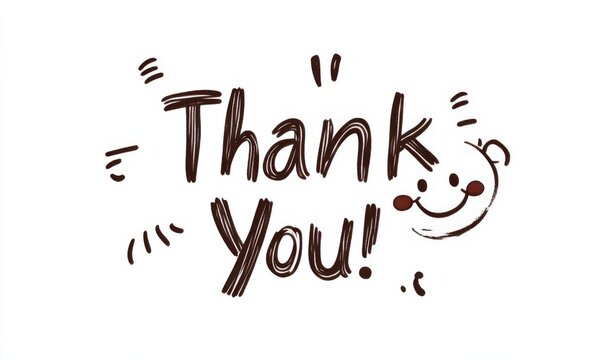 Simple Line Drawing of "Thank You!" with Smiling Emoji on a White Background