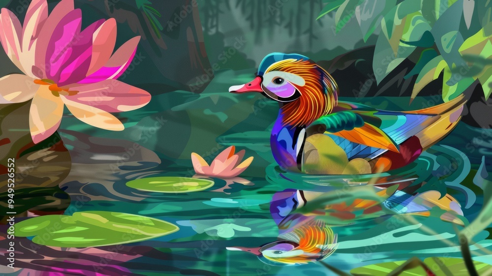 Wall mural Colorful duck swimming in a pond with lily pads and flowers.