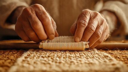 An artisan weaving a traditional Oaxacan rug on a wooden loom, surrounded by vibrant threads and natural dyes, Oaxacan weaving, textile art, craftsmanship