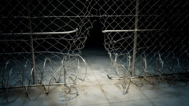 Broken Jail Fence Escape Defection Night Spotlight Leave The Jail Camera And Spotlight Focus On The Hole In Prison Fence Prisoner Probably Left The Jail Prison Break Escape Defection Desertion Getaway