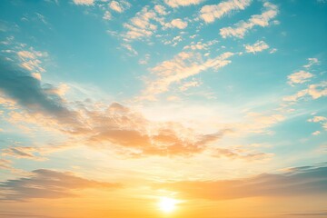 Fototapeta premium Beautiful sky background - Sunset Sunrise sky with light clouds and real sun , ai