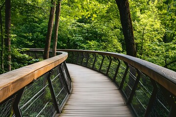 Fototapeta premium A pedestrian bridge with wooden railings extending through a green forest, surrounded by trees and bushes
