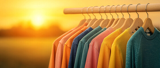 Obraz premium Colorful clothes hanging on a rack against a beautiful sunset backdrop, perfect for fashion and lifestyle visuals.