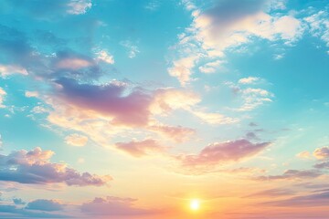 Fototapeta premium Beautiful sky background - Sunset Sunrise sky with light clouds and real sun , ai