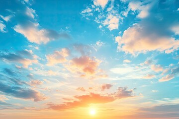 Obraz premium Beautiful sky background - Sunset Sunrise sky with light clouds and real sun , ai