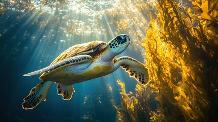 Fototapeta premium Sea Turtle Swimming Through Sunbeams